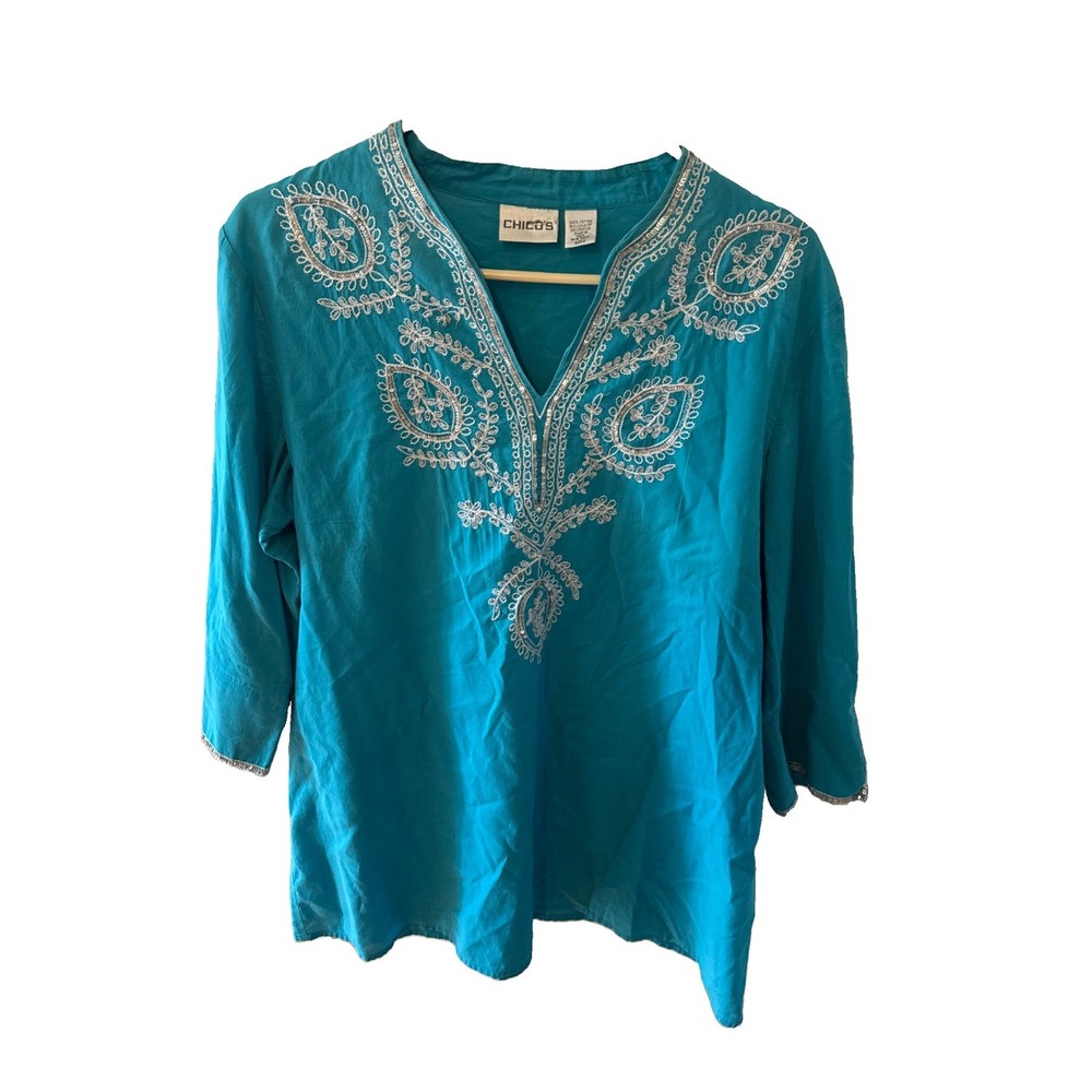 Chicos Turquoise Tunic Top Size 2 Embroidery And Sequins